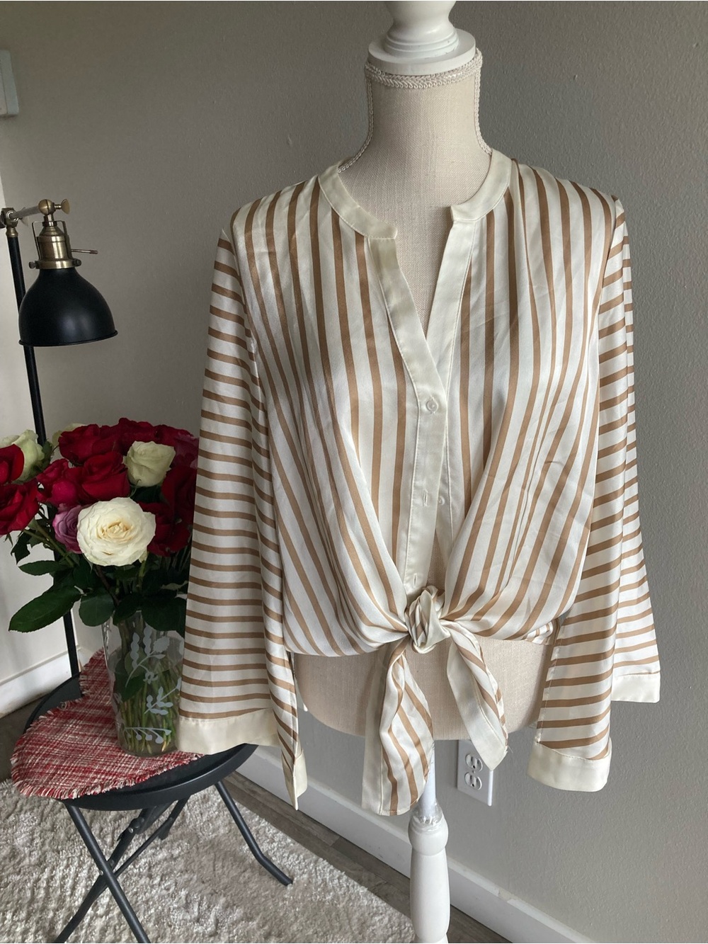 Vince Camuto Cream and Tan Striped Tie-Front Button-Down Blouse